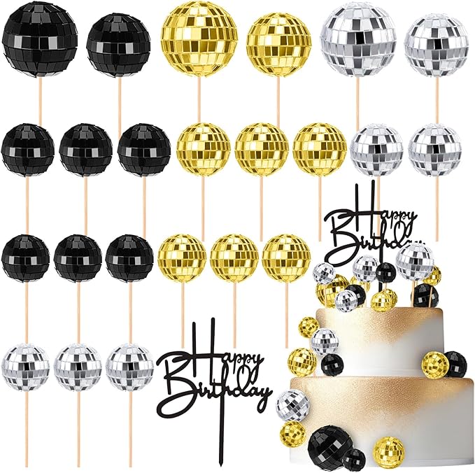 24 Pcs Disco Ball Cupcake Toppers Happy Birthday Cake Topper 1970s Retro Cake Decorations Shiny Pink Mini Disco Ball Toppers for 70s 80s Theme Party Supplies (Black, Gold, Silver)