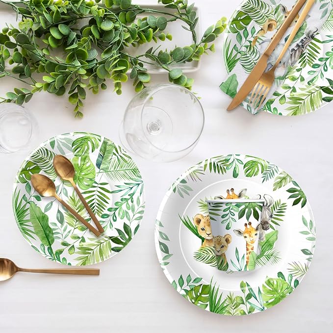 Safari Jungle Theme Party Supplies For Boys - Jungle Birthday Baby Shower Decorations Tableware Include 9" Plates, 7" Plate, Cups, Napkins, Safari Party Decorations | Serve 48