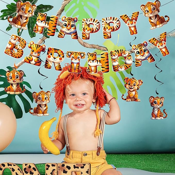 Zwiebeco Tiger Happy Birthday Party Decoration Banner Bunting Garland Hanging Paper Swirls Kit for Safari Wild One Woodland Jungle Theme Baby Shower Accessories Supplies