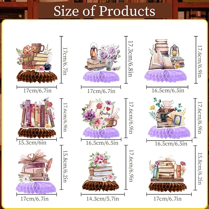 Book Themed Party Decorations - 9PCS Book Party Decorations Vintage Book Club Honeycomb Centerpieces Table Decor Reading Library Birthday Baby Shower Supplies for Book Lovers Bookworm