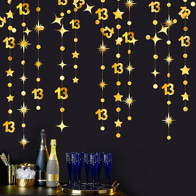 Gold 13th Birthday Decorations Number 13 Circle Dot Twinkle Star Garland Metallic Hanging Streamer Bunting Banner Backdrop Girls Boys 13 Years Old Birthday Thirteen Official Teenager Party Supplies