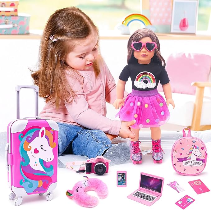 American 18 Inch Doll Accessories Travel Set Including Suitcase Luggage and Dress, Camera Computer Phone Neck Pillow Sunglasses Dolls Travel Gear Play Set Gift for Birthday (NO Doll)