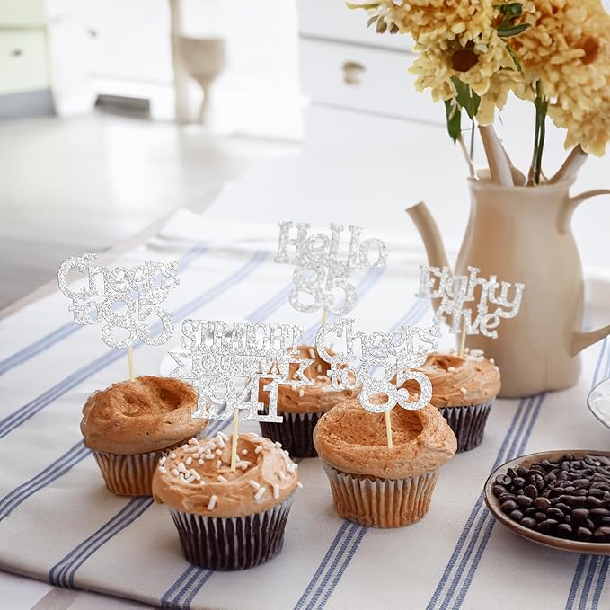 Ephlyn 24Pcs 85th Birthday Cupcake Toppers Glitter Straight Outta 1941 Cupcake Picks Hello 85 Cheers to 85 Years Cake Decorations for 85th Birthday Anniversary Party Decorations Supplies Silver