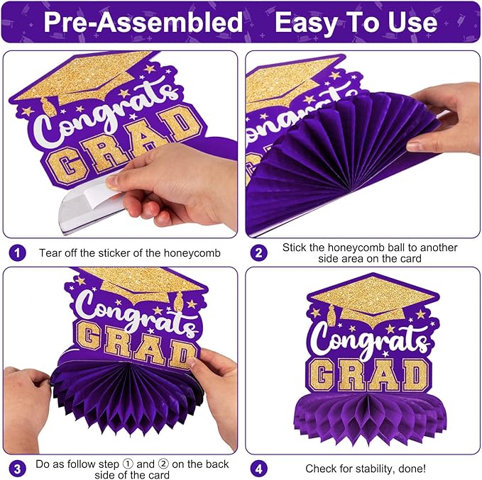 8 Pieces Class of 2026 Graduation Table Decorations - 2026 Congrats Grad Honeycomb Centerpieces, Graduations Table Toppers Decor for 2026 Graduation Party Decorations Favor Supplies, Purple and Gold
