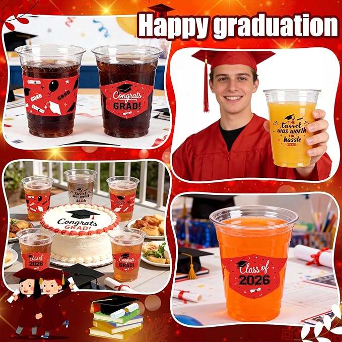 GuassLee Black and Red Graduation Decorations 2026 Party Cups - 50pcs 12 Oz Black Red White Disposable Graduation Plastic Cups for Drinks Class of 2026 Grad Party Favors Supplies