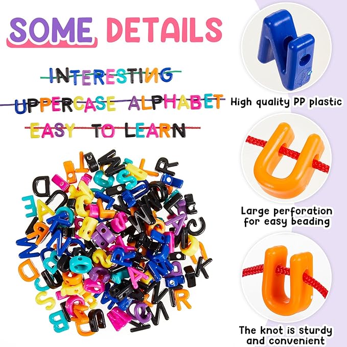 Wesiti Lacing Letters Beads Alphabet Learning Toys Toddler ABC Alphabet Beads Lacing Sports Skills Toys for Preschool Games Homeschool Supplies Early Spelling(Uppercase Letters,408 Pcs)