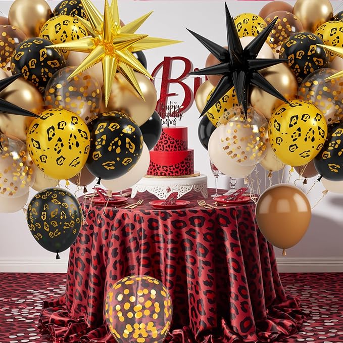 Cheetah Print Balloon, 12 Inch Black Brown Gold Balloons with Leopard Print Balloons Star Foil Balloons Leopard Jungle Animal Decorations for Cheetah Theme Birthday Cherry Vintage Party Supplies