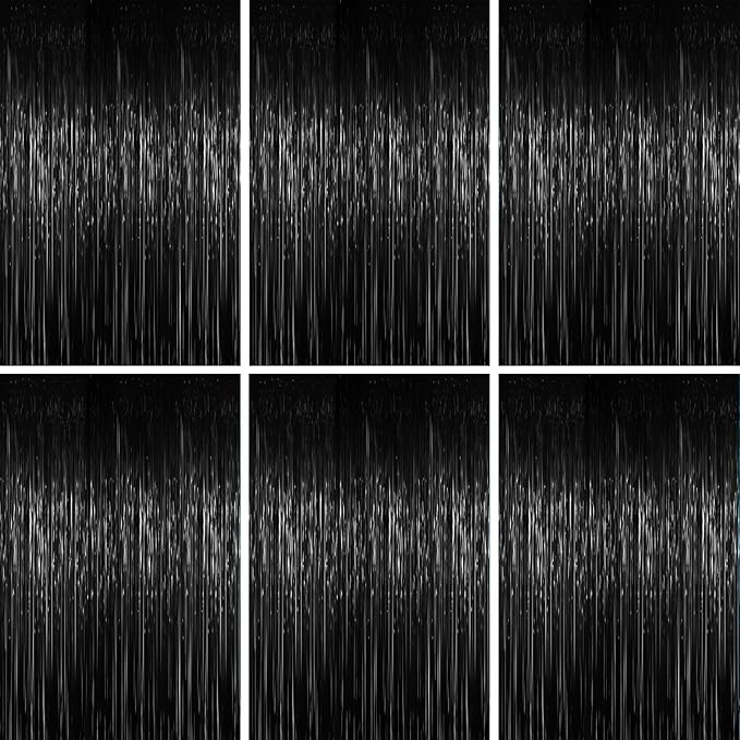 3.3 x 6.6 ft Foil Fringe Backdrop Curtains, Tinsel Streamers Party Decorations, Fringe Backdrop for Birthday, Baby Shower, Gender Reveal, Graduation (6, Black)