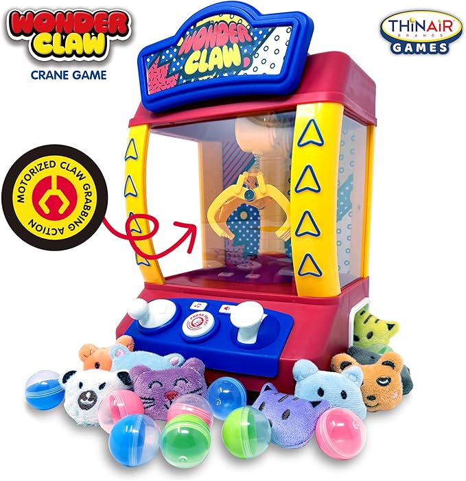 Thin Air Brands Wonder Claw Machine Crane Game for Kids - Arcade Style with 9 Stuffed Animal Prizes and 9 Balls, Sound Effects - Perfect Birthday Surprise Toy Grabber Arcade Game