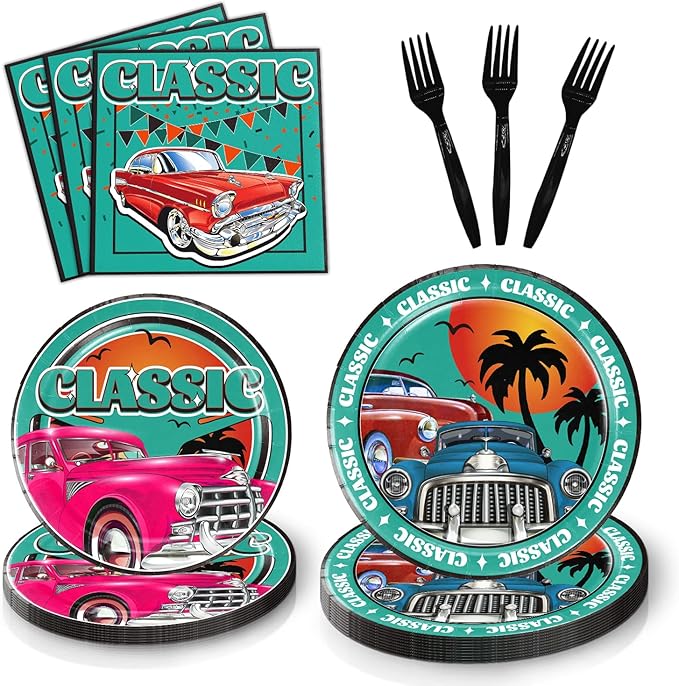 Classic Car Paper Plates And Napkins Party Supplies，Vintage Car Party Tableware，Car Birthday Party Decorations，Include 10 9in Plate，10 7in Plate，20Napkin，10 Fork