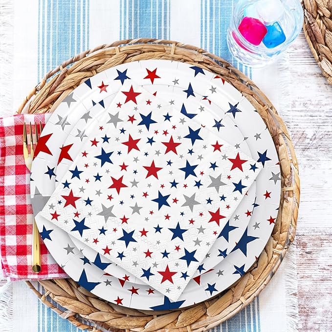 Whaline 96Pcs Patriotic Party Tableware Set with Paper Plates Napkins Cups Red Blue Silver Stars Independence Day Disposable Dinnerware Set for 4th of July Veterans Day Memorial Day Party Table Decor