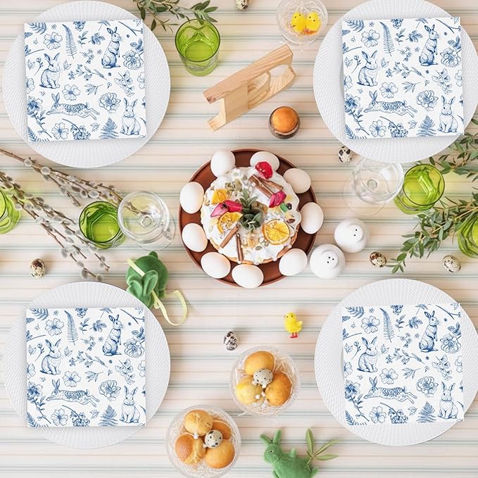 100 Pcs Easter Napkins, Retro Bunny Napkins Blue and White Rabbit Decoupage Napkin Chinoiserie Easter Dessert Beverage Napkin for Spring, Birthday, Baby Shower