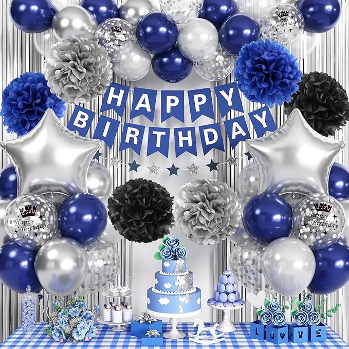 Blue and Silver Birthday Decorations for Men Boys, Navy Royal Blue Silver Party Balloons Happy Birthday Banner Pom Poms Fringe Curtain for Bday Party Supplies