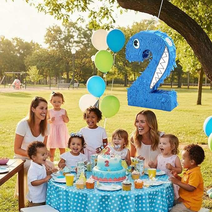 Blue Number 2 Piñata Shark Cartoon Party Decoration Summer Ocean Themed Piñata with Blindfold Bat and Round Confetti Shark 2nd Birthday Decor for Celebration Supply