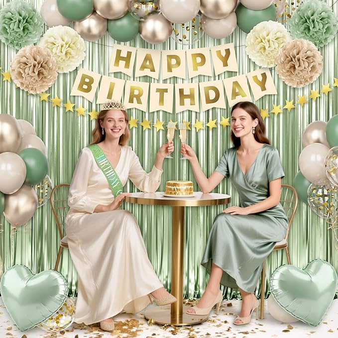 Sage Green Birthday Decorations for Women Girls, 44Pcs Nude Retro Green Party Supplies Include Birthday Girl Sash Crown Banner Fringe Curtain for Women Birthday Decorations
