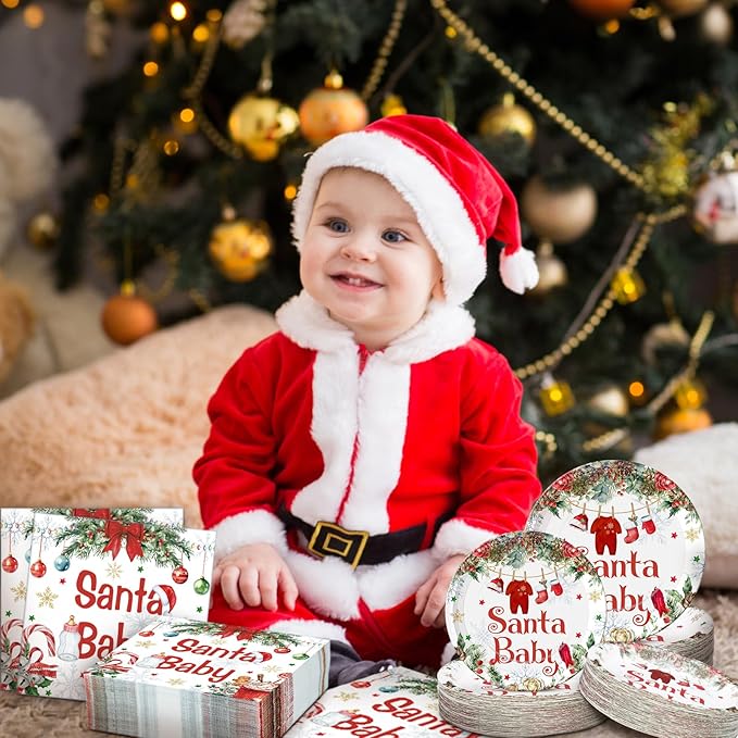 Hushee 200 Pcs Baby Shower Paper Plates Cups Napkins Party Supplies Tableware Set Disposable Cup Napkin for 50 Guest Party Decoration (Green and Red,Christmas Santa Baby)