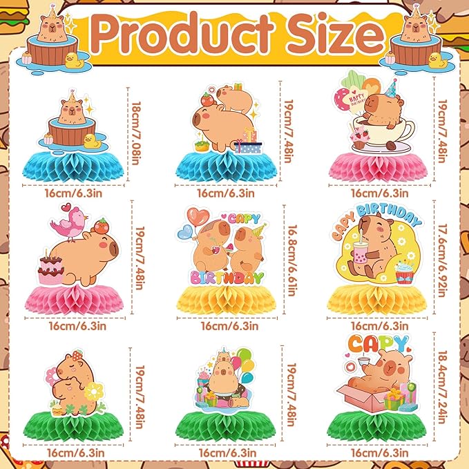 Capybara Birthday Party Decorations - 9PCS Capybara Honeycomb Centerpieces Bday table Decoration Cute Capy Animals Decor Supplies