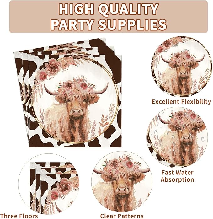 96Pcs Fall Highland Cow Party Supplies Brown Cow Plates and Napkins Tableware Set Disposable Floral Highland cow Party Decorations for Autumn Kid Birthday Baby Shower Western Farm Animal party Serve24