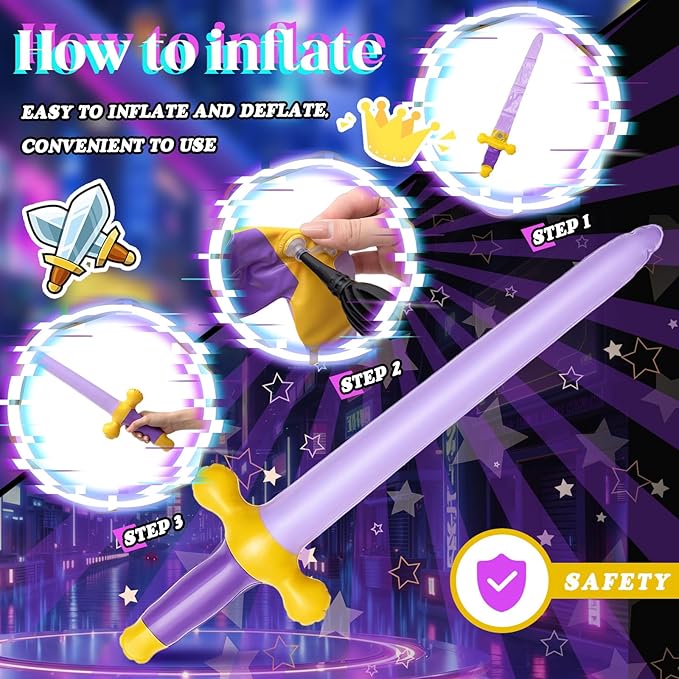 Outus 12 Pcs Inflatable Swords Blow up Swords Prince Party Favors for Theme Birthday Swimming Pool Viking Party Decorations Cosplay Halloween Costume Accessories Stage Props, 24 Inch (Gold,Purple)