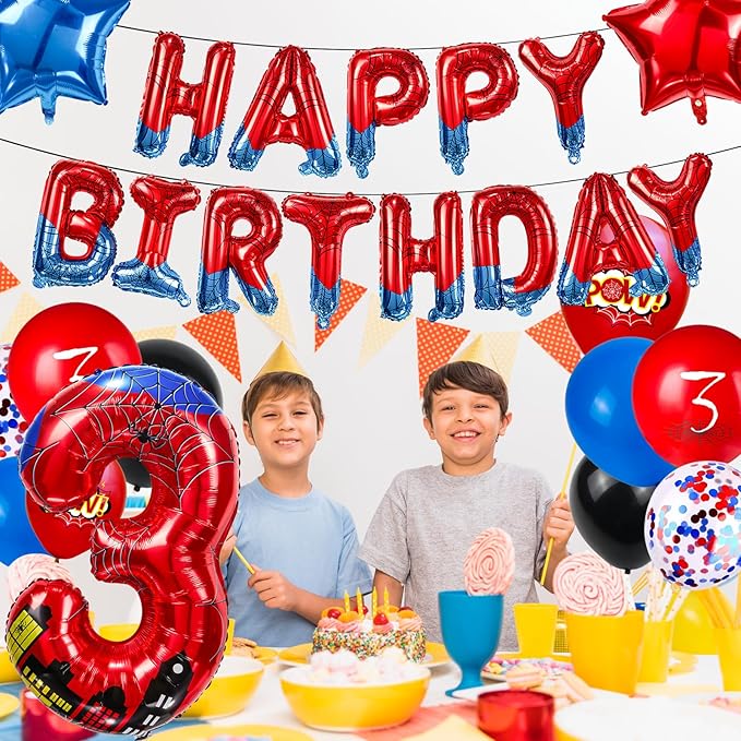 Cartoon Hero 40 Inch Red and Blue Spider Theme Number Foil Birthday Decoration Balloon, Spider Theme Happy Birthday Banner Party Decoration Balloon, Letter Logo Superhero Party Supplies (3)