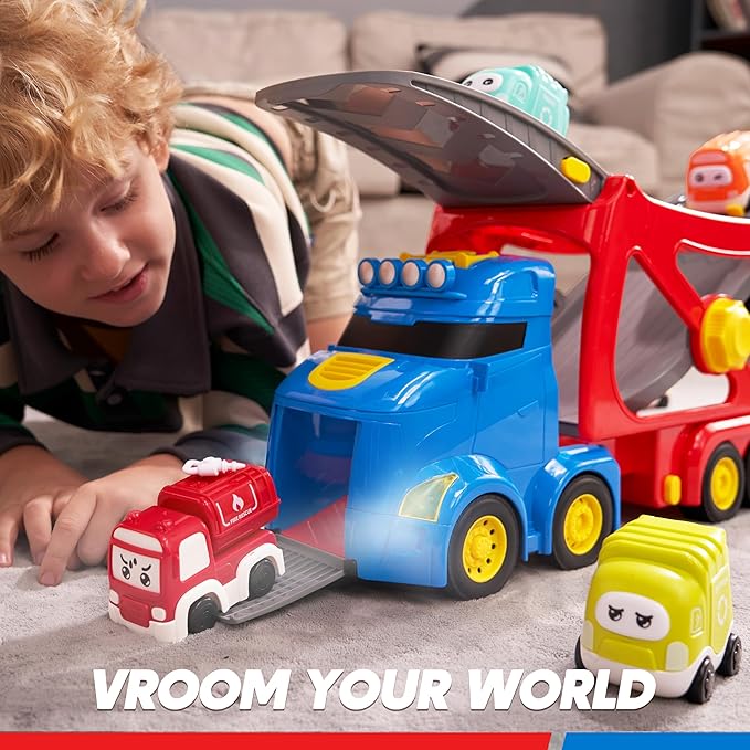 JOVA Extra Large Toy Trucks for Toddlers, 3-Layer City Trucks for Kids, 7-in-1 Big Transport Carrier Truck with Siren & Lights and 6 Toy Cars, Birthday Gifts for Boys