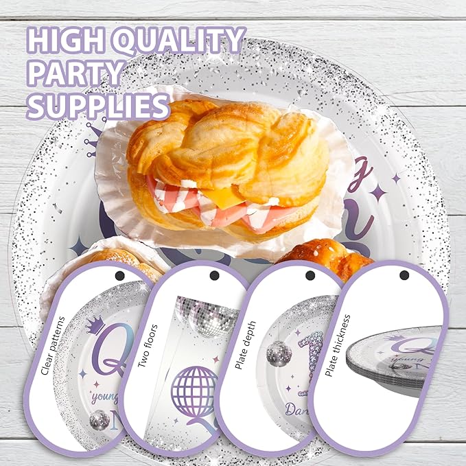 Grencian 96 Pcs Dancing Queen 17th Birthday Party Supplies Dancing Queen 17th Paper Plates and Napkins Disposable Silver Disco Party Tableware Set for Girls 17 Year Old Birthday Decorations Serves 24