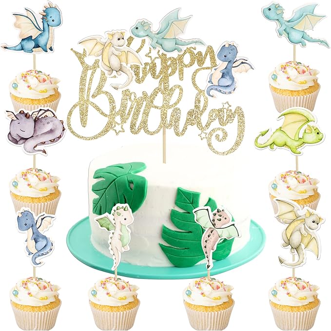 Ephlyn 37Pcs Dragon Party Cupcake Toppers Dragon Birthday Party Cake Topper Decorations Fantasy Dragon Cake Decorations for Flying Dragon Baby Shower Supplies