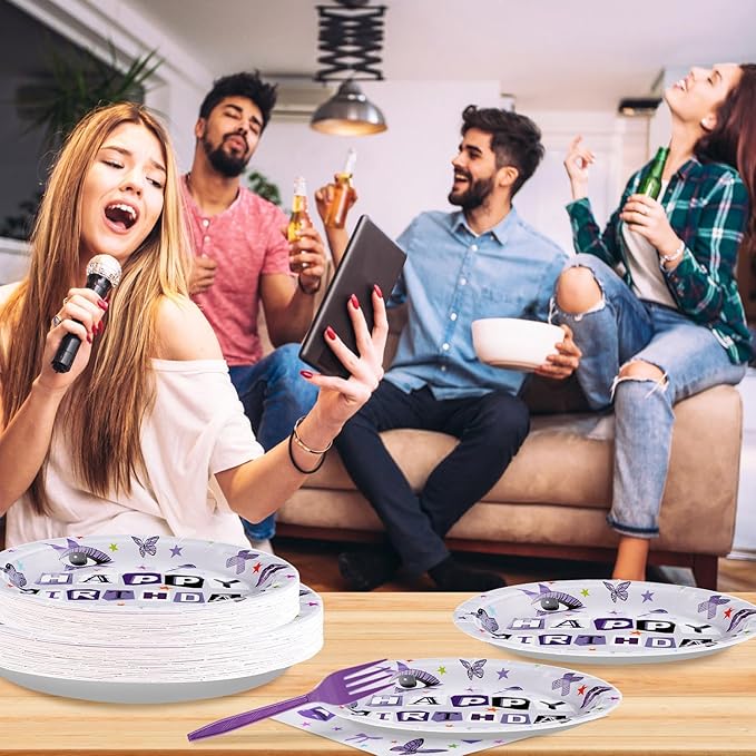 Grencian 96Pcs Purple Music Birthday Party Decorations for Girls Purple Birthday Plates and Napkins Disposable Paper Tableware Set for Vocalist Music Tour Concert Fans Gathering, Serves 24