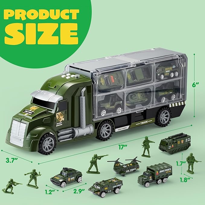 JOYIN 25 in 1 Military Kids Truck Toys for Age 3+, Toddler Boy Toys, Army Men Tanks Set with Soldier Men, Mini Battle Cars in Carrier Truck with Lights and Sounds, Gifts for Grandkids, Easter Basket