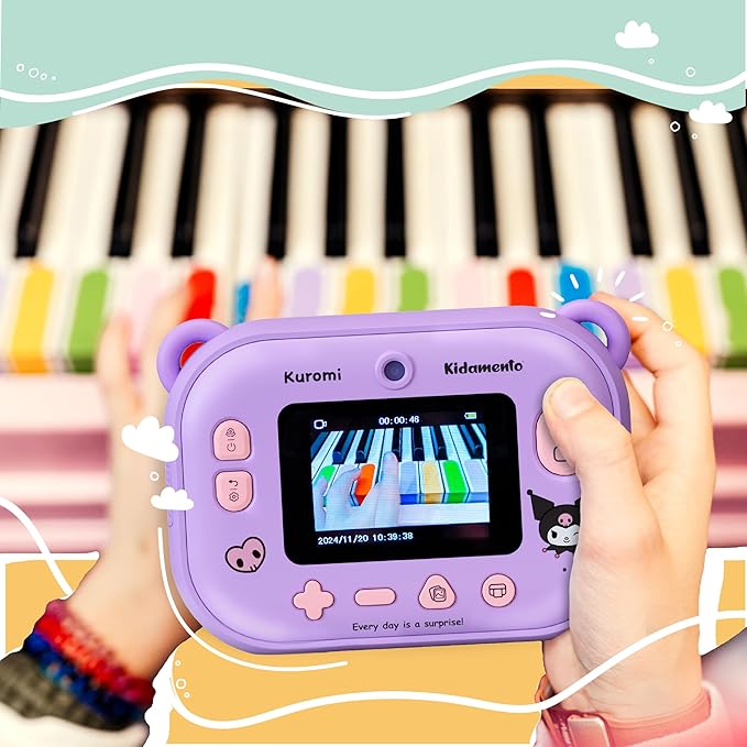 kiimento Sanrio Licensed Instant Print Digital Camera, Best Travel Buddy Kuromi, 2.4” HD Screen, Ink-Free B&W Printing, Selfie Lens, 1080p Video, 32GB Memory Card (Model P)