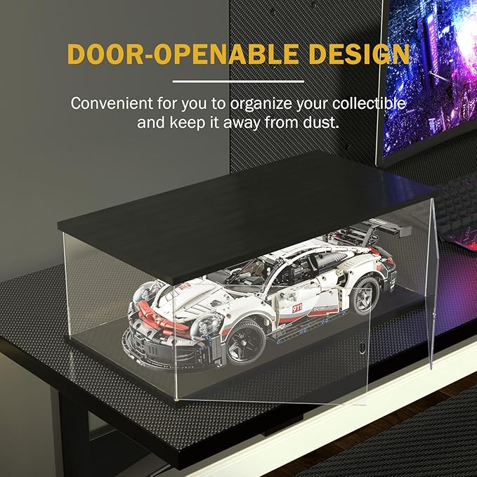 Nynelly Acrylic Display Case for Collectibles with LED Light, Clear Display Box for Lego 42143 42096 42083, 1/8 Scale Model Car Display Case, Assemble Dustproof Countertop Showcase, 23.6x11.8x7.8in