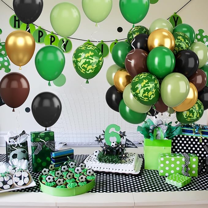 Green and Brown Balloons, 12 Inch Camo Balloons Brown, Sage Green and Metallic Gold Balloon Dark Green and Black Balloon for Army Theme Hunting Camping Jungle Birthday Baby Shower Supplies