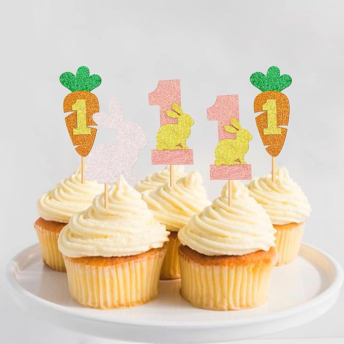 Ercadio 24Pcs Easter Bunny One Cupcake Toppers Glitter Rabbit Carrot One Cupcake Picks for Easter 1st Birthday Party Easter Baby Shower Rabbit Boys Girls First Birthday Cupcake Decorations