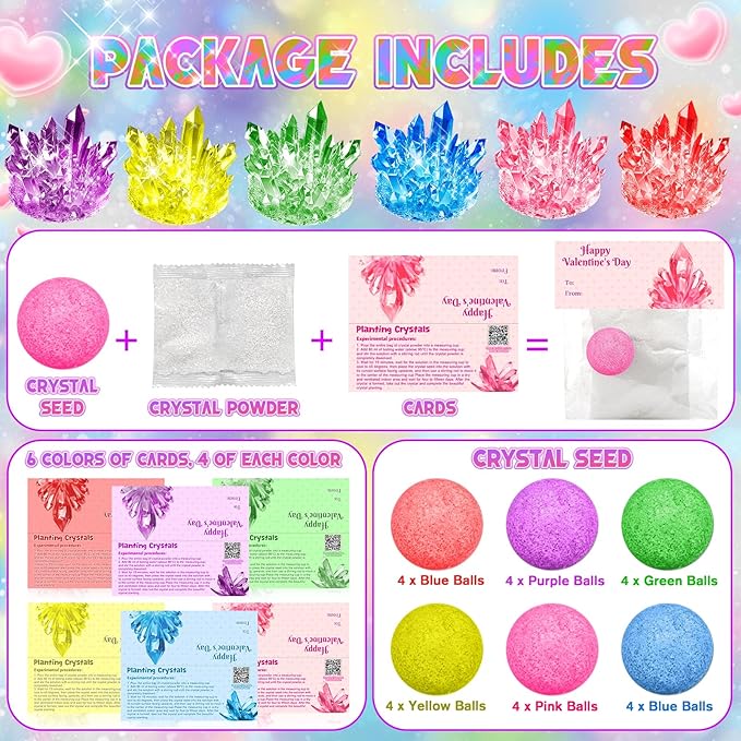 Valentines Gifts for Kids-24 Pack Crystal Growing Kits with Valentine Cards, Fun Classroom Exchange Science Gifts and Party Favors for Boys Girls Teens