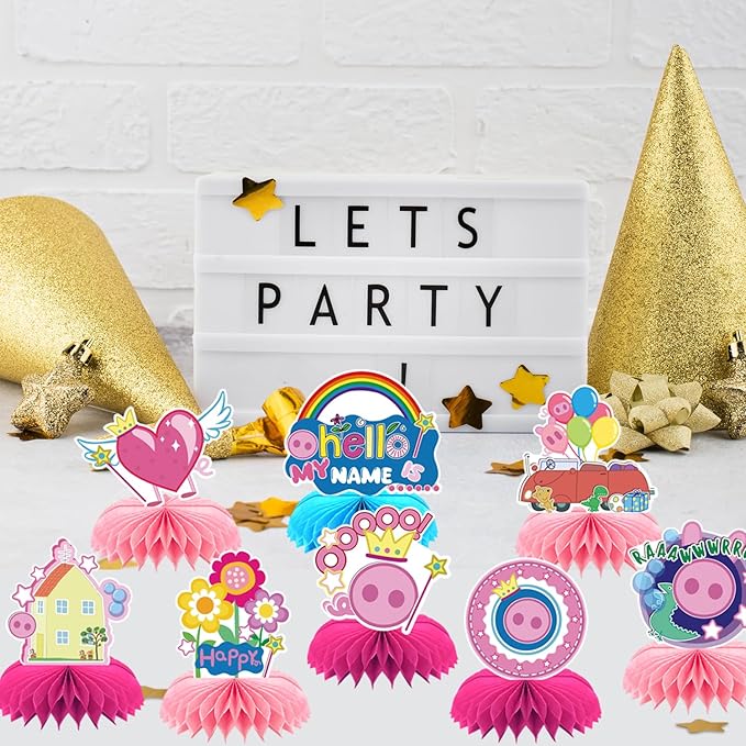 8Pcs Pink Pig Party supplies set Honeycomb Centerpieces Double Sided Table Topper for Birthday Decorations