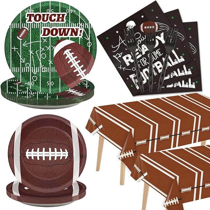 98 Piece Football Birthday Party Supplies for 24 Guests - Touchdown Game Day Tableware Sets with Tablecloths, Dinnerware, and Party Favors