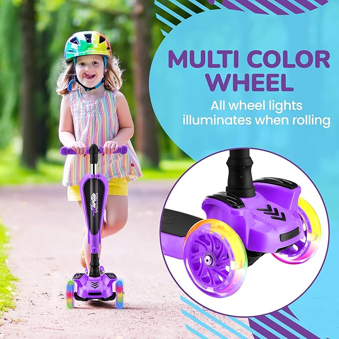 Hurtle 3-Wheeled Scooter for Kids - Wheel LED Lights, Adjustable Lean-to-Steer Handlebar, and Foldable Seat - Sit or Stand Ride with Brake for Boys and Girls Ages 1-14 Years Old