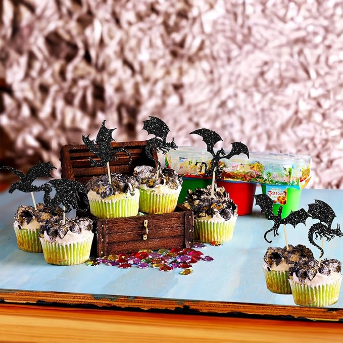 24Pcs Dragon Cupcake Toppers Glitter Dinosaur Birthday Cupcake Picks for Flying Dragon Theme Baby Shower Kids Birthday Party Cake Decorations Supplies Black