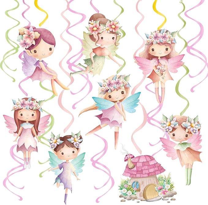 Fairy Hanging Swirls Fairy First Birthday Decorations 20Pcs Fairy Party Ceiling Streamer for Fairy Birthday Party Supplies Flower Fairy Baby Shower Supplies