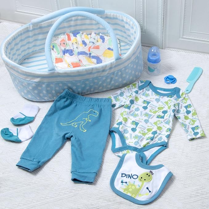 Reborn Baby Doll Clothes 12 Pcs Dinosaur Outfits Accessories for 17-22 Inch Babydolls Reborn Baby Boy Accessories Doll Bassinet Soft Crib Bed with Diaper Bottle Pacifier