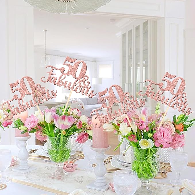 12 PCS 50 and Fabulous Centerpiece Sticks Double Sided Happy 50th Birthday Table Flower Centerpieces Sticks Cheers to 50 Floral Decorations for 50th Birthday Anniversary Party Supplies Rose Gold