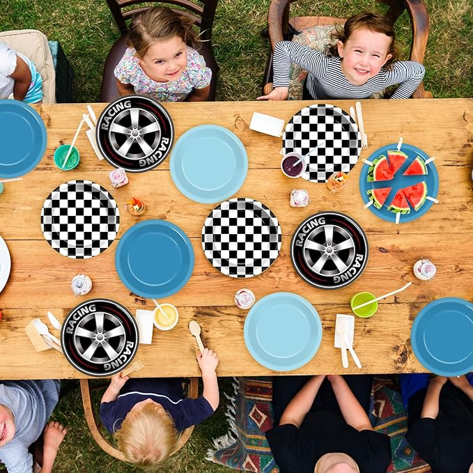 CHUNNIN 48Pcs Race Car Birthday Party Paper Plates for Theme Party Supplies 7" Black White Fast Paper Plates Blue Racing Car Disposable Tableware for Kids Boys Birthday Baby Shower Decorations