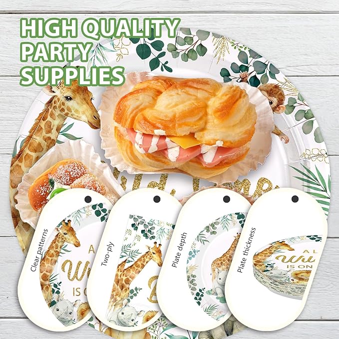 96 Pcs Jungle Safari Baby Shower Decorations Disposable A Little Wild One is on The Way Paper Plates and Napkins Jungle Safari Animals Tableware Set for Welcome Baby Shower Birthday Party Supplies