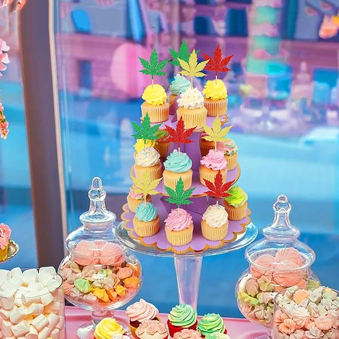 Ercadio 24 Pcs Green Red Glitter Marijuana Cupcake Topper Have a Dope Theme Decor Supplies Man Woman Happy Birthday Party Decorations Supplies