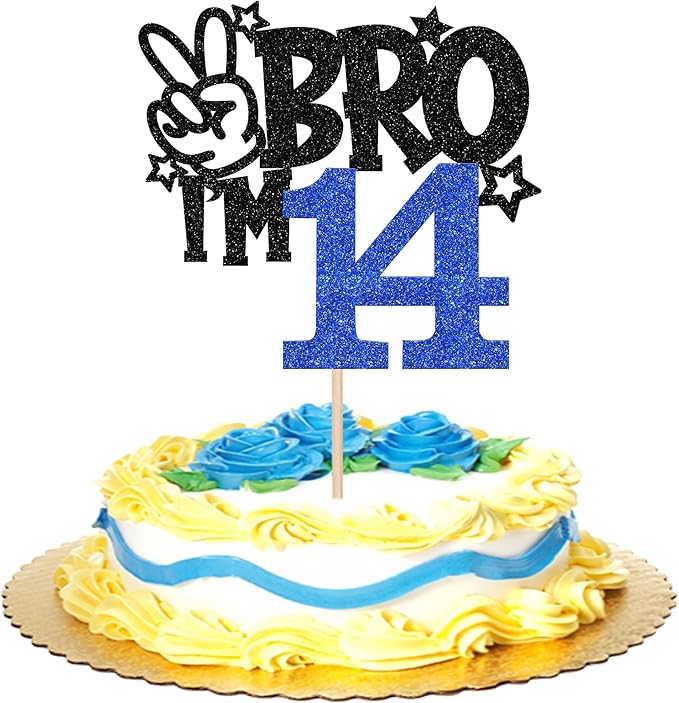 1 PCS Brother I'm 14 Cake Topper Glitter Star Happy 14th Birthday Cake Pick Bro I'm 14 Cake Decoration It's My 14th Birthday Decorations for Boys Cheers to 14 Years Old Birthday Party Supplies Blue