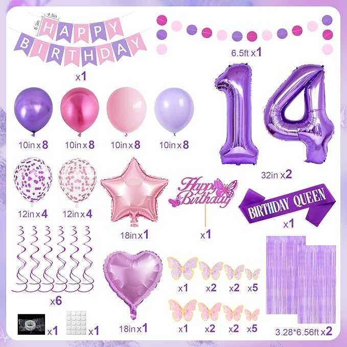 14th Purple Birthday Decorations for Girls, Pink and Purple Happy 14 Birthday Party Decorations with Happy Birthday Banner, Number Foil Balloons, Butterfly Cake Topper for 14th Party Supplies
