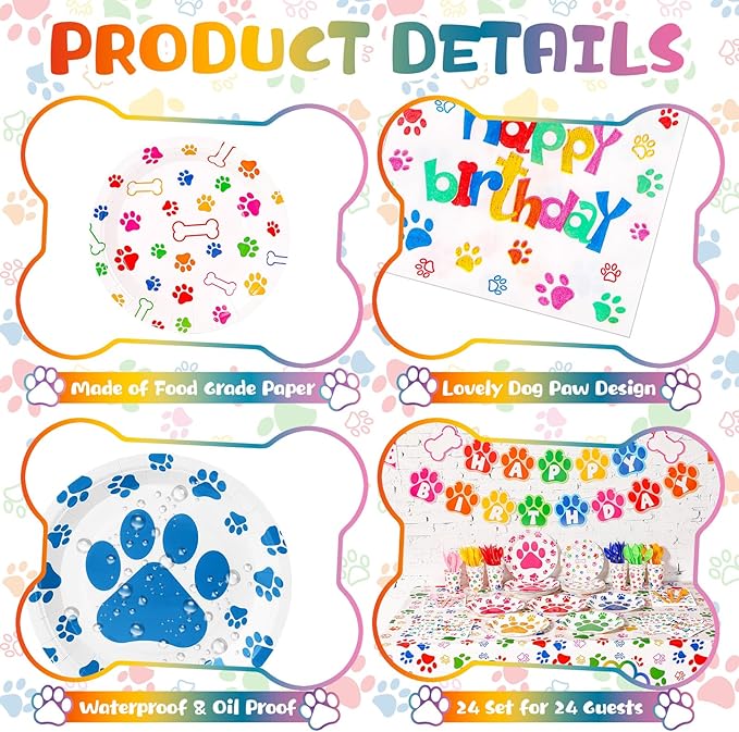 Gejoy 96pcs Dog Birthday Party Decorations Set Include Dog Print Plates Knives Forks Spoons Napkins Puppy Paw Tableware for Puppy Theme Party Supplies Kit(Bright Color)