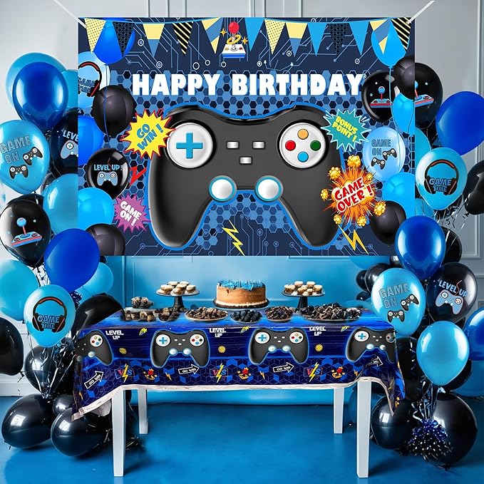 15 PCS Complete Video Game Party Decoration Set 1 Backdrop 1 Tablecloth 13 Latex Balloons and More Perfect for Gamer Party Supplies Boys and Girls Birthday Celebration