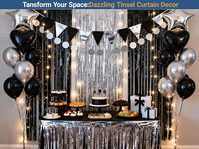 3 Packs Black and Silver Foil Fringe Curtains, Birthday Decorations Backdrop Graduation Tinsel Steamer, Retirement Farewell Engagement Wedding Bridal Shower Party Decorations