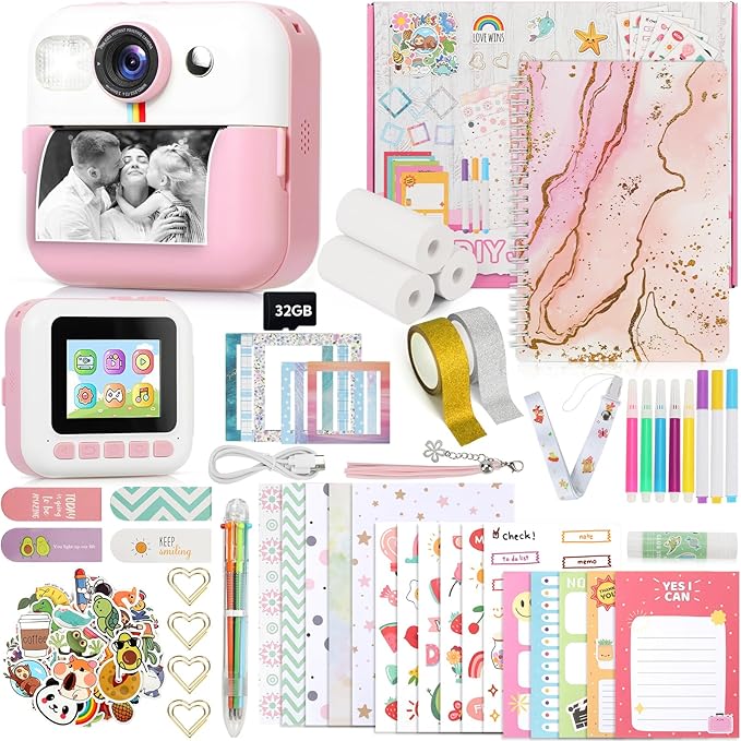 Photomaker Kit Kids 1080P Instant Print Camera for Kid 93 Pcs DIY Journal Kit for Girls Kids Camera Instant Print with 3 Roller Photo Paper Ideas Birthday Gifts and Toys for Girls Boys Age 6-14 Pink